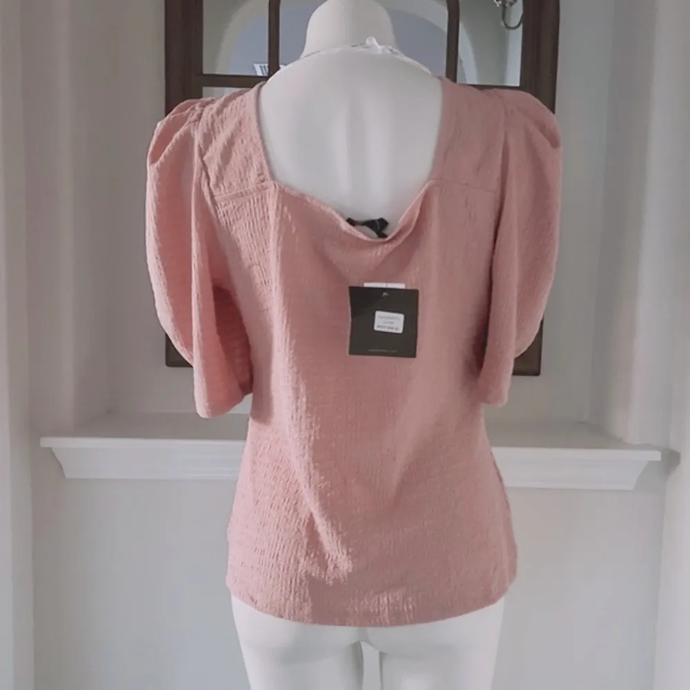 Andrew Marc Pink Puff Sleeve Ruched Sweetheart Neck Top Size L NWT - Image 3