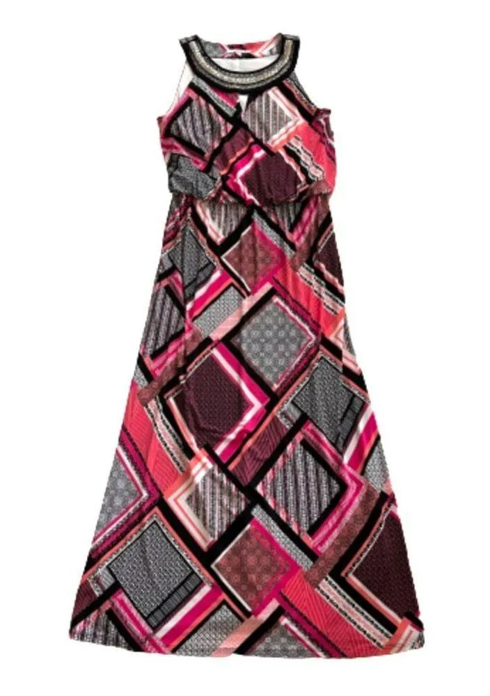 Studio One Maxi Dress Geometric Silver Embellished Neck Sleeveless Small - Image 12