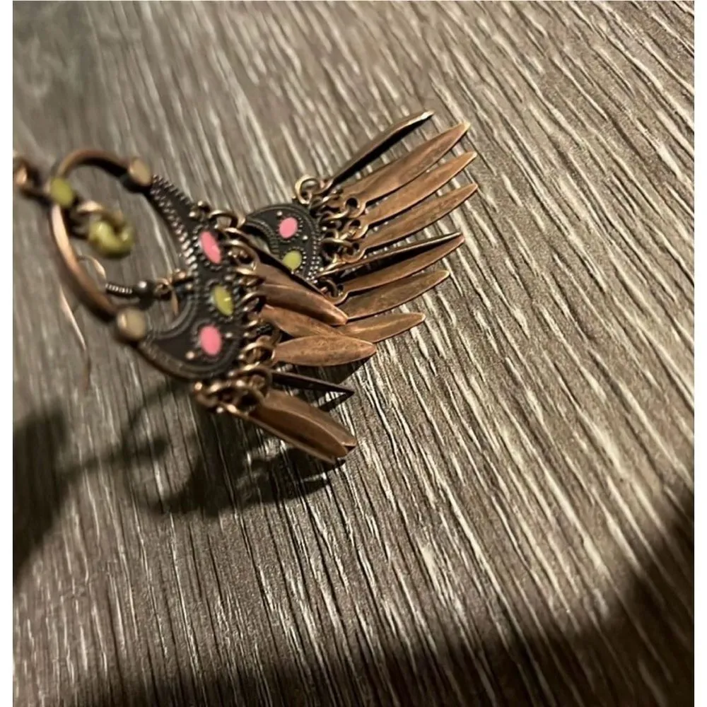 Pink Yellow Enamel and Brass Dreamcatcher Boho Drop Dangle Fashion Earrings NEW - Image 3