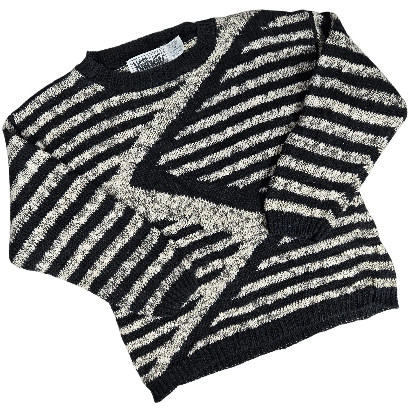 Vintage 80s Knitsworks Black White Zig Zag Stripe Geometric Knit Sweater Medium - Image 8