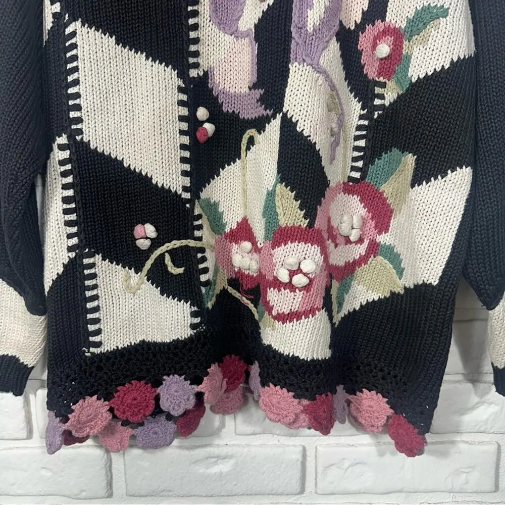 Rebecca Stone Vintage Floral Crochet Sweater Size Large Black - Image 8