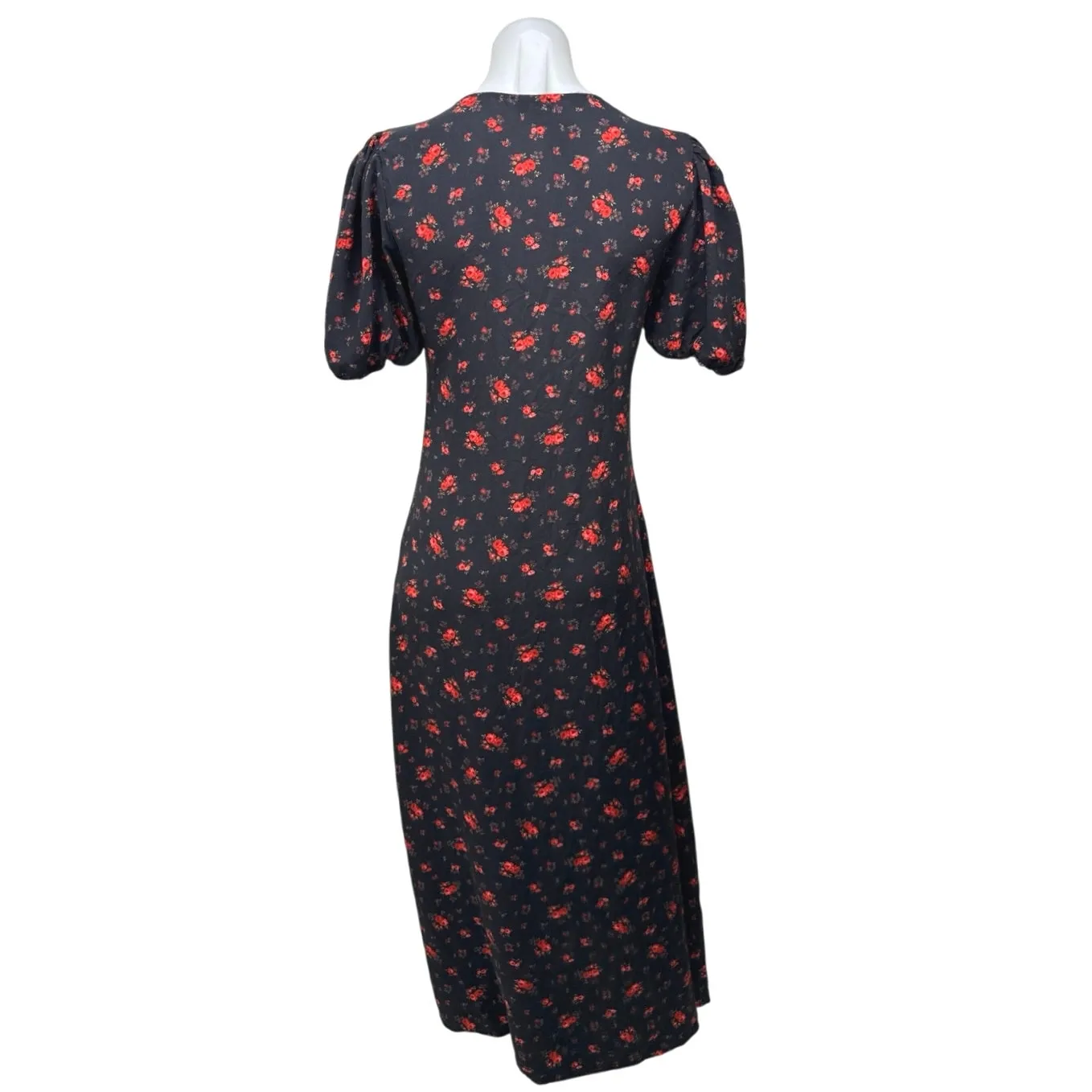 Miss Selfridge Black Floral Lace V-Neck Short Puff Sleeve Midi Shirt Dress Sz 4 - Image 2