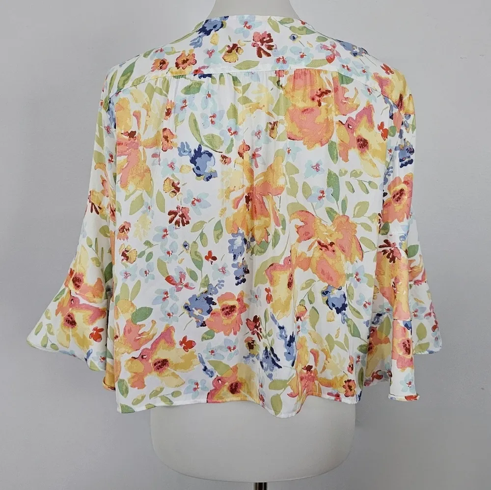 LC Lauren Conrad White & Orange Floral Flare Sleeve Blouse Size Large - Image 6