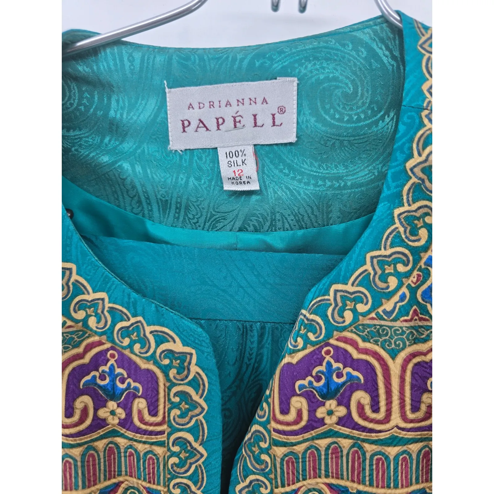 Adrianna Papell Silk Brocade Mandarin Collar Blazer Skirt Suit Teal Size 12 - Image 2