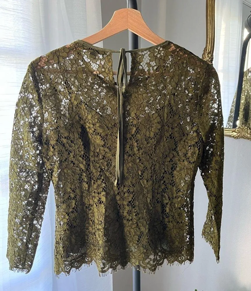 J. Crew Olive Green Lace Long Sleeve Top with Built-In Cami and Back Tie Keyhole - Image 3