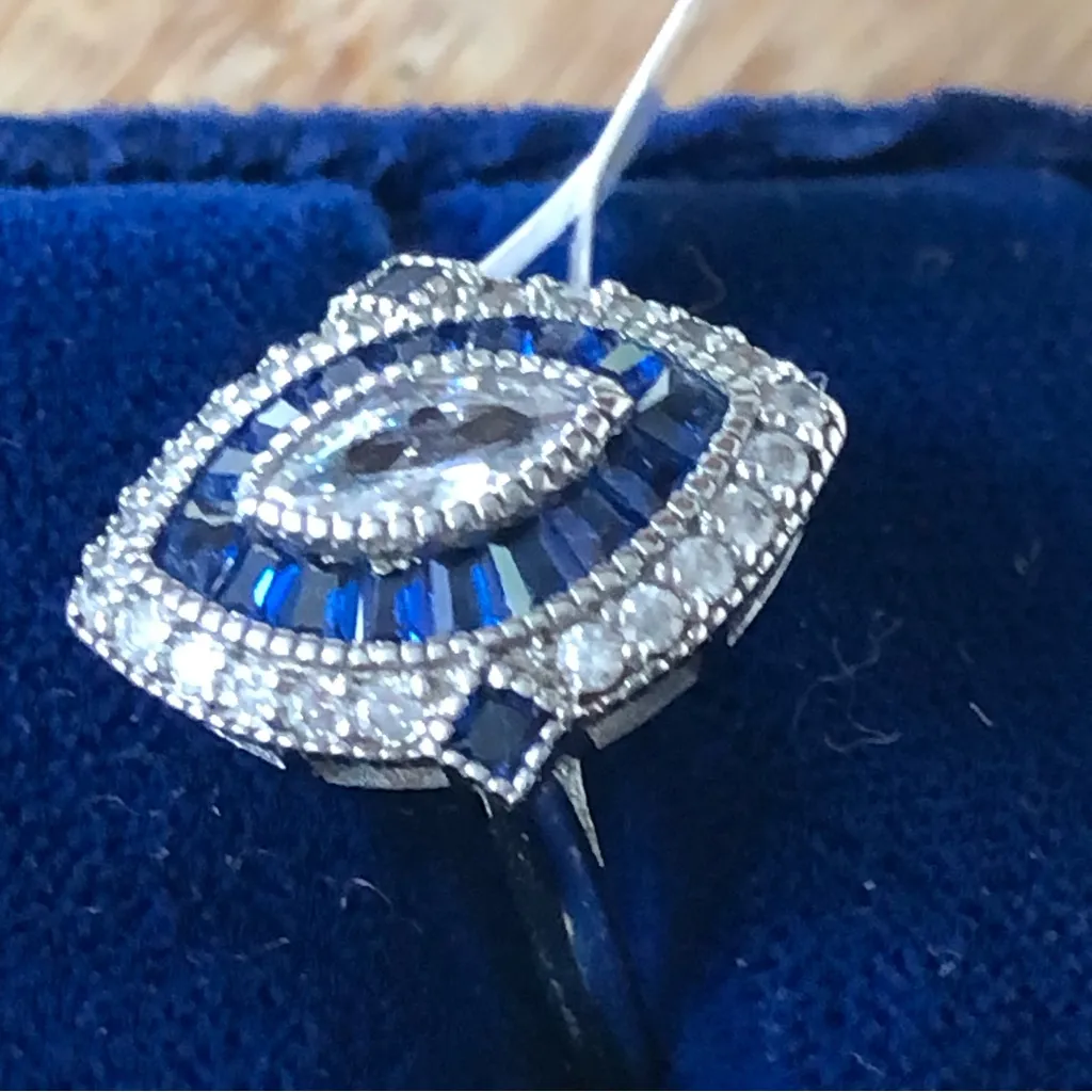 Sterling Silver Art Deco Ring Marquise CZ 9mm Synthetic Baguette Blue Sapphire 8 White - Image 4