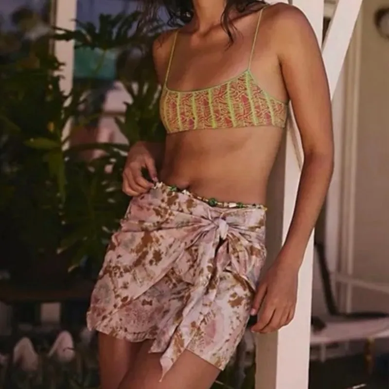 Free People Sweet As Beach Boho Linen Mini Skirt Sz 12 Neutral Combo Vaca - Image 9