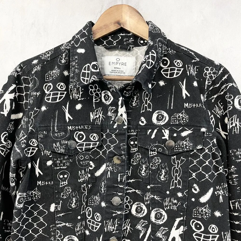 Empyre Graffiti Trucker Jacket Women Small Cropped Grunge Street Edgy Urban Twee Black - Image 2