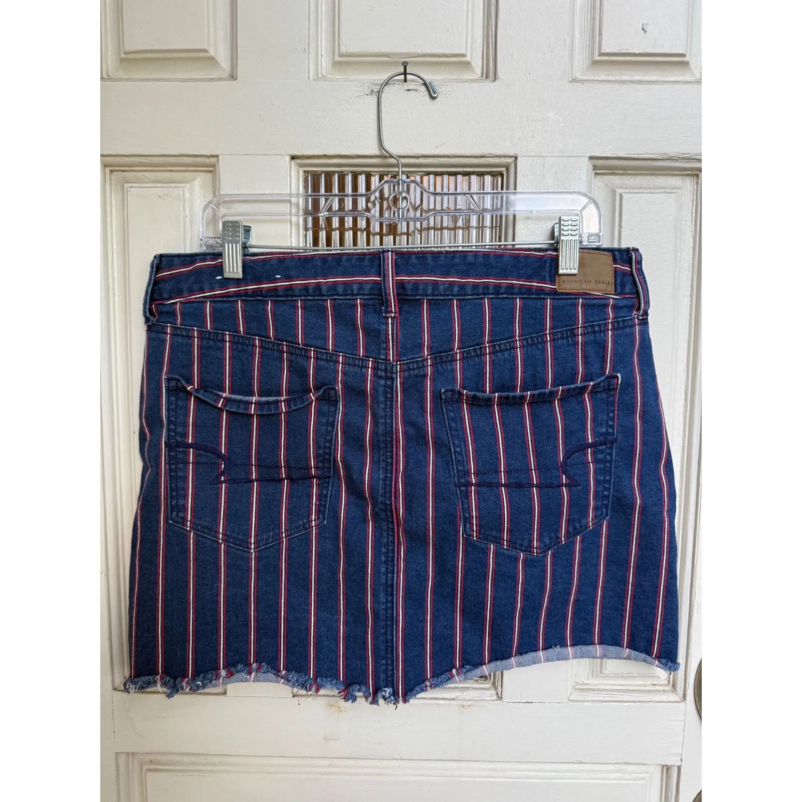 American Eagle Hi Rise Mini Denim Skirt Red Blue Stripes Raw Hem Size‎ 14 - Image 2