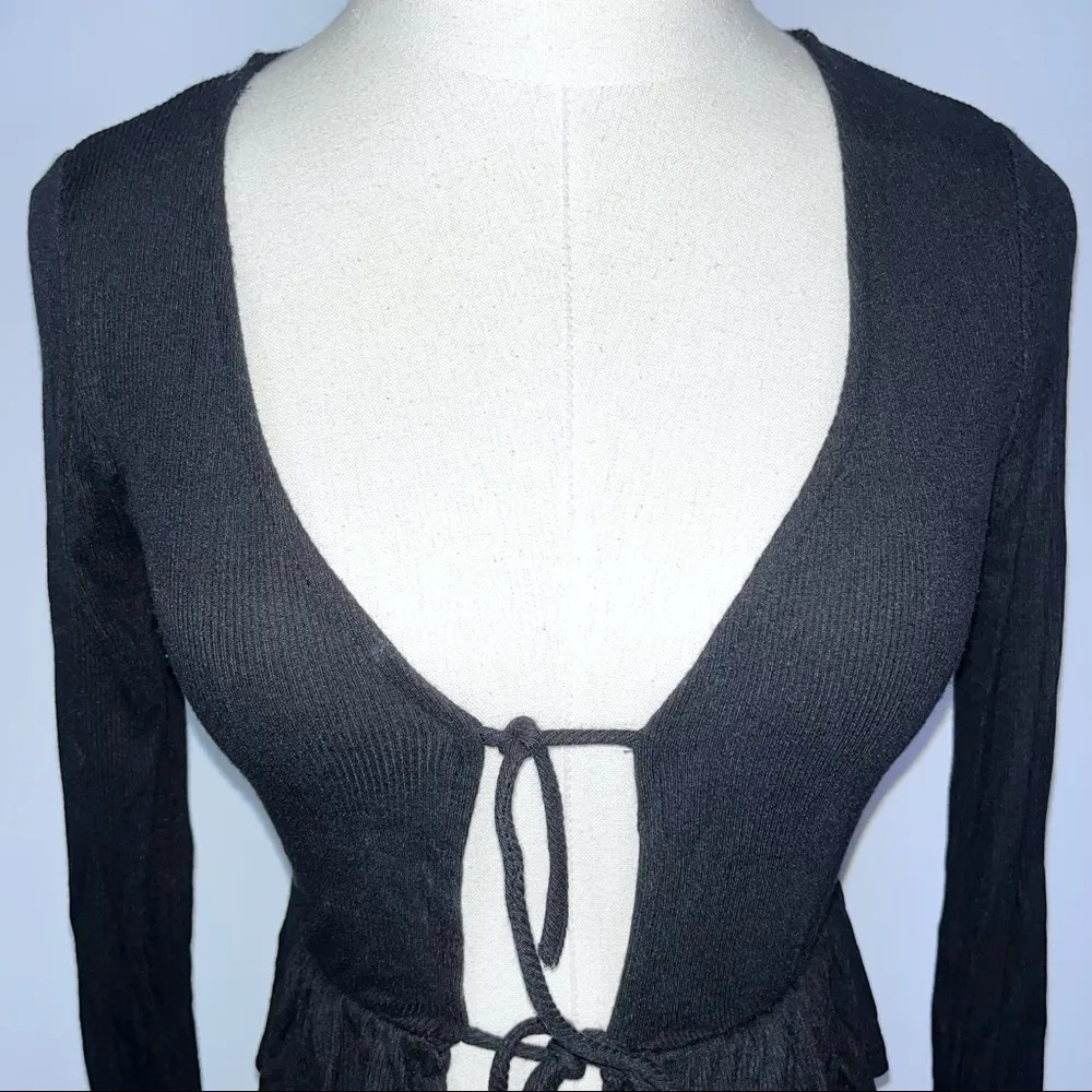 Black Ribbed Knit Tie Front Peplum Ruffle Top Small Slim Fit - Image 4