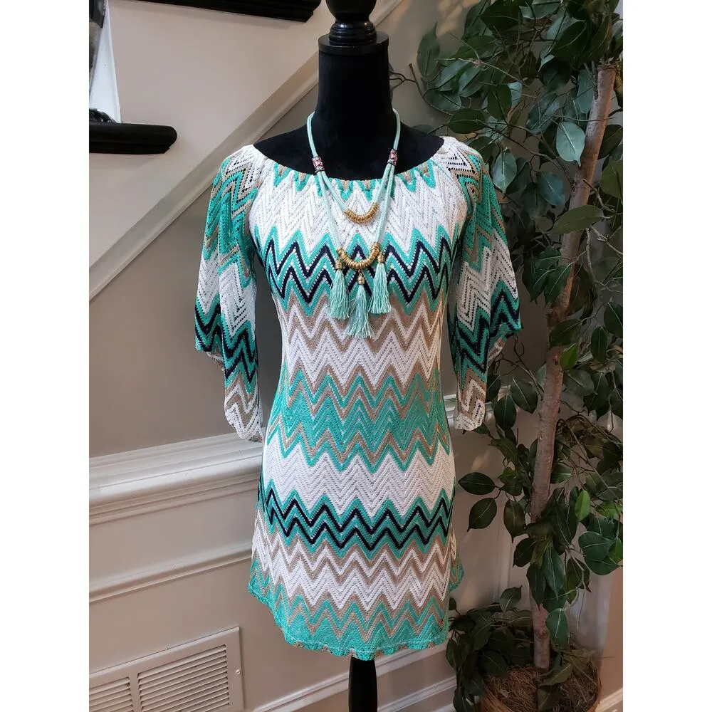 Tacera Mini Dress Women's Small Multi Chevron Print Lace Long Sleeve Round Neck - Image 2