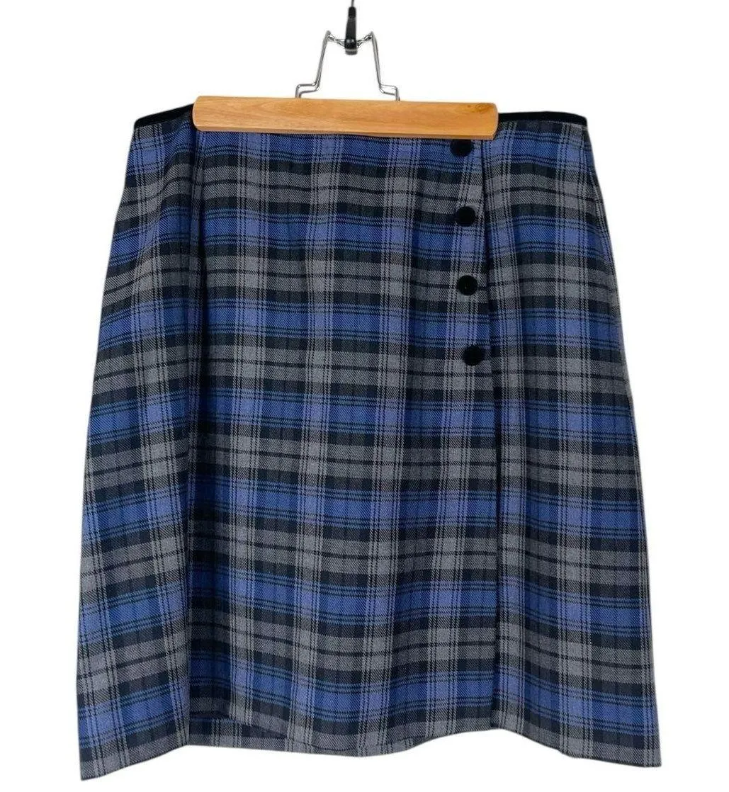 Vintage Villager Sport Blue Grey Black Plaid Faux Wrap Skirt Women’s 12 Academia - Image 1