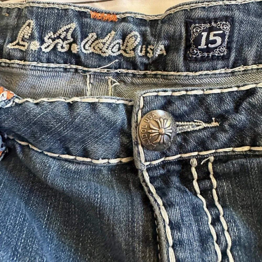 LA Idol Bermuda Jeans Size 15 Weathered with Large Hole in Crotch Blue - Image 10