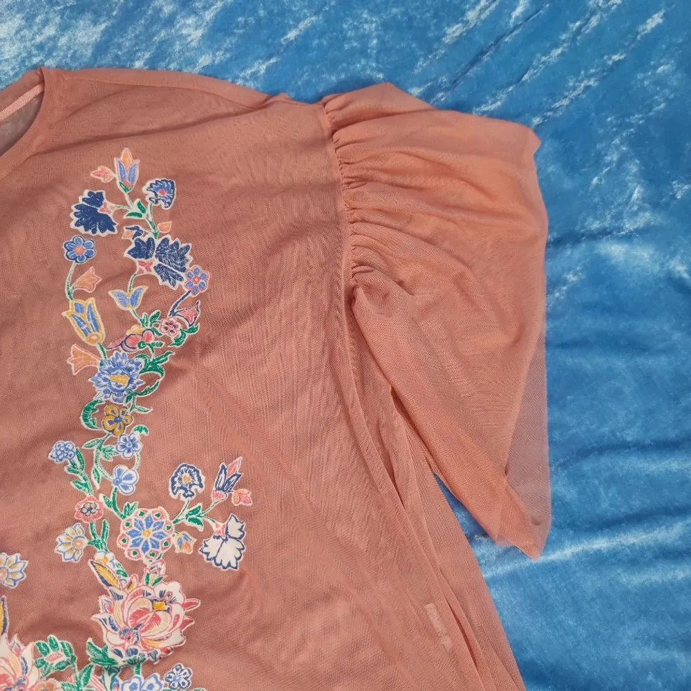 Zara mesh ruffle sleeves flowers print top size L - Image 5