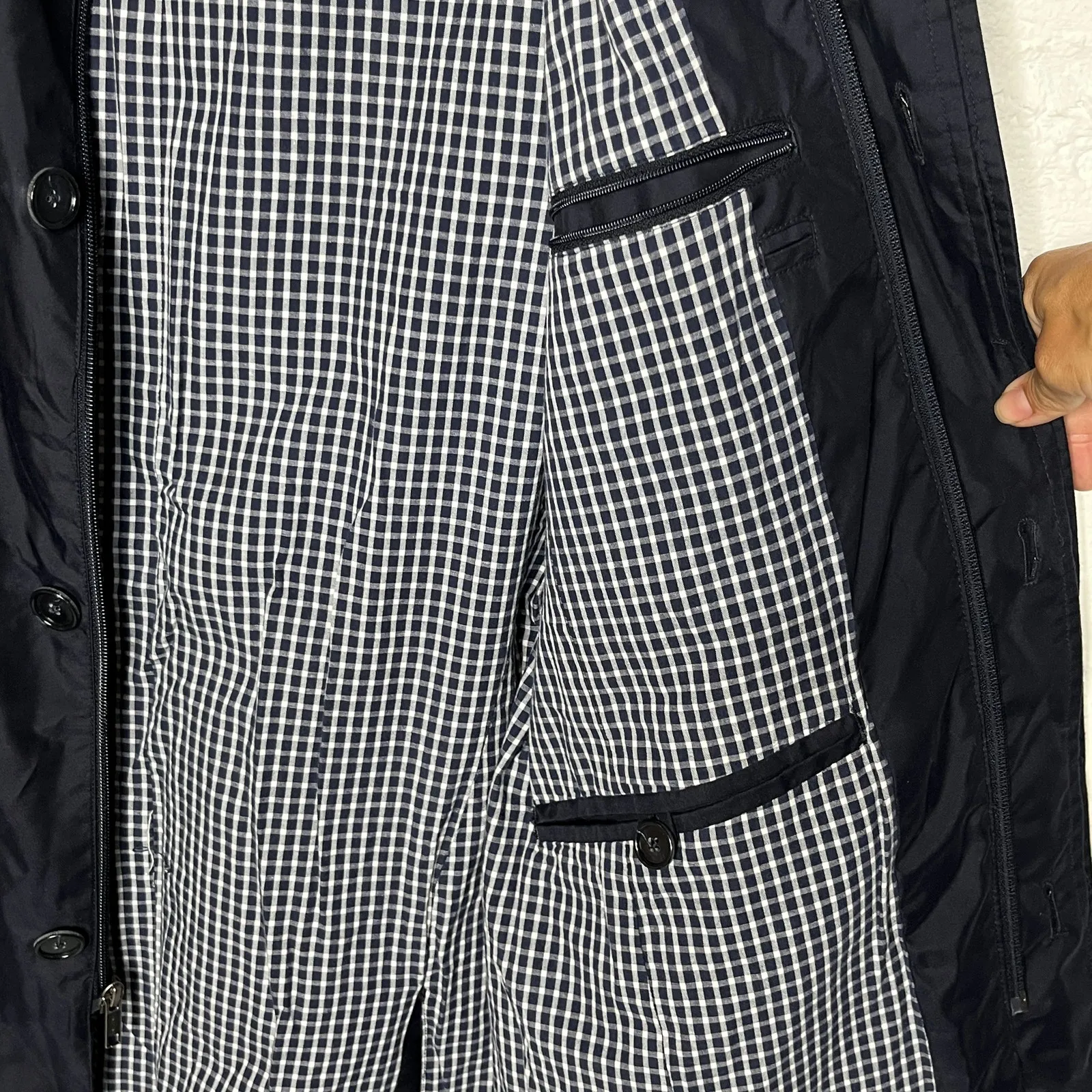 Lands' End Women's Navy Blue Long Zipper Button Gingham Lined Trench Coat Small - Image 4