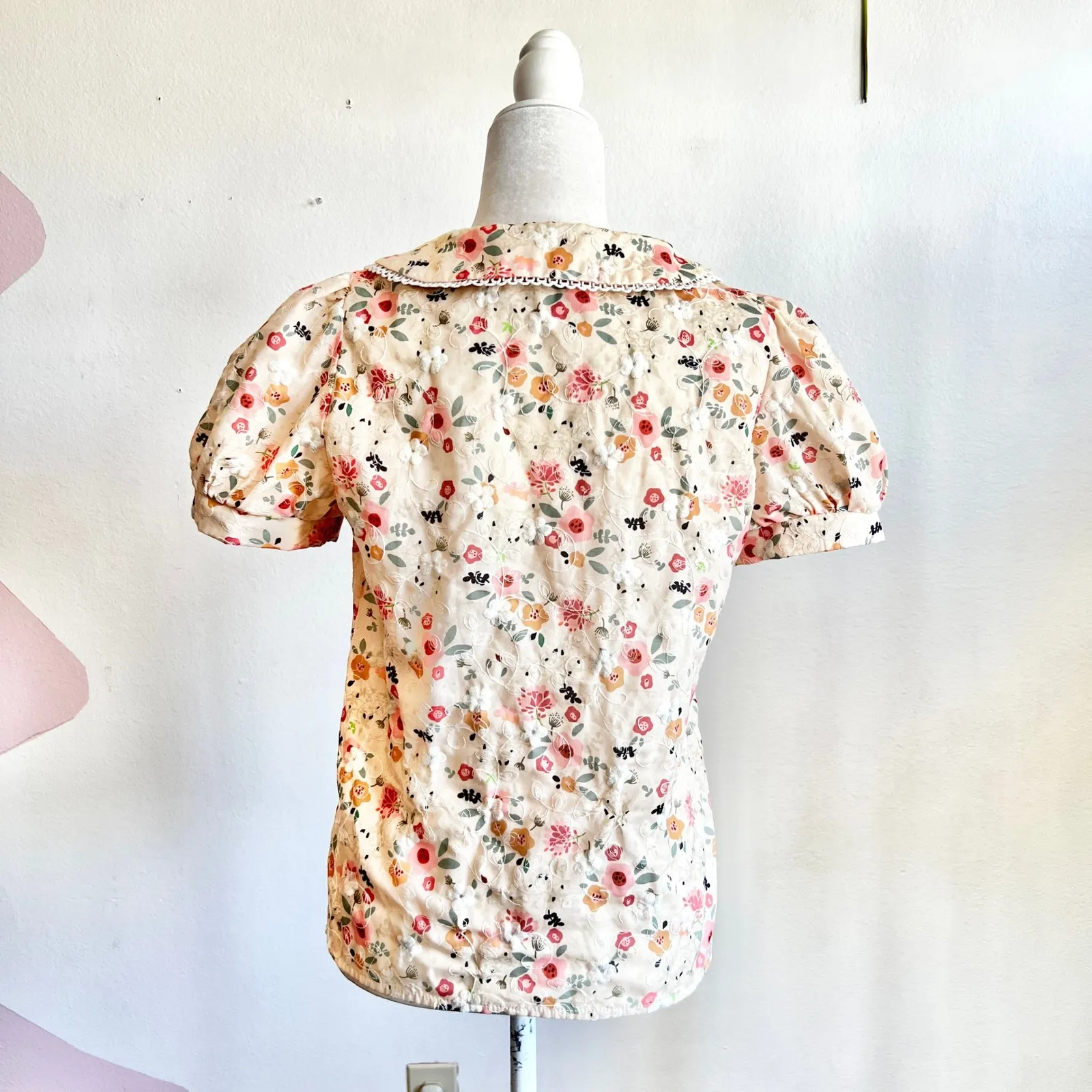 Floral Peter Pan Collar Button Up Top Coquette Cottagecore Retro Medium Yellow - Image 2