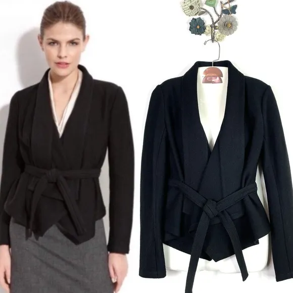 Theory Women's Daisy B Comfort Wool Blend Jacket Black Size P (XS) Tie Waist - Image 2