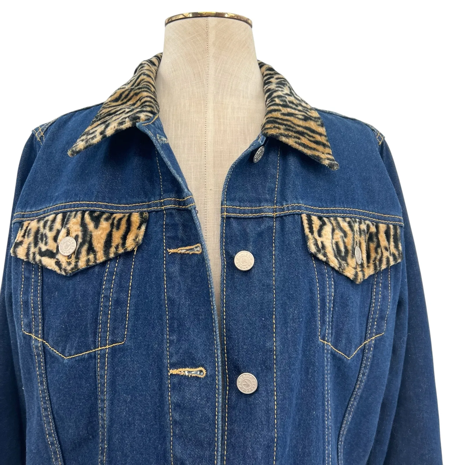 Vintage Playboy Leopard Trim Denim Jacket Y2K Cropped Jean Jacket Size Large - Image 3