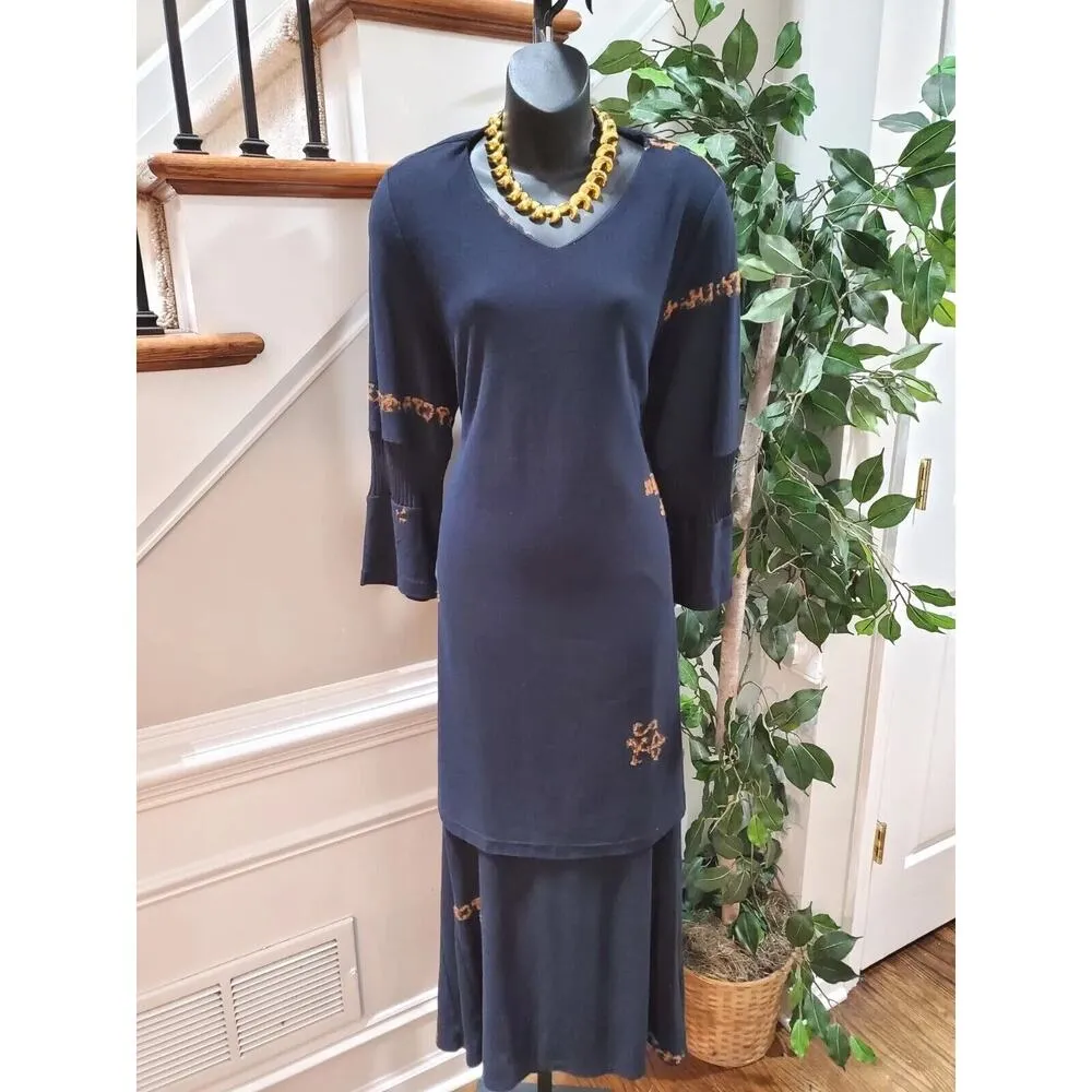 Heide Ost Textured Black Cotton Long Sleeve Blouse & Skirt 2 Pc's Suit Size XL Blue - Image 12