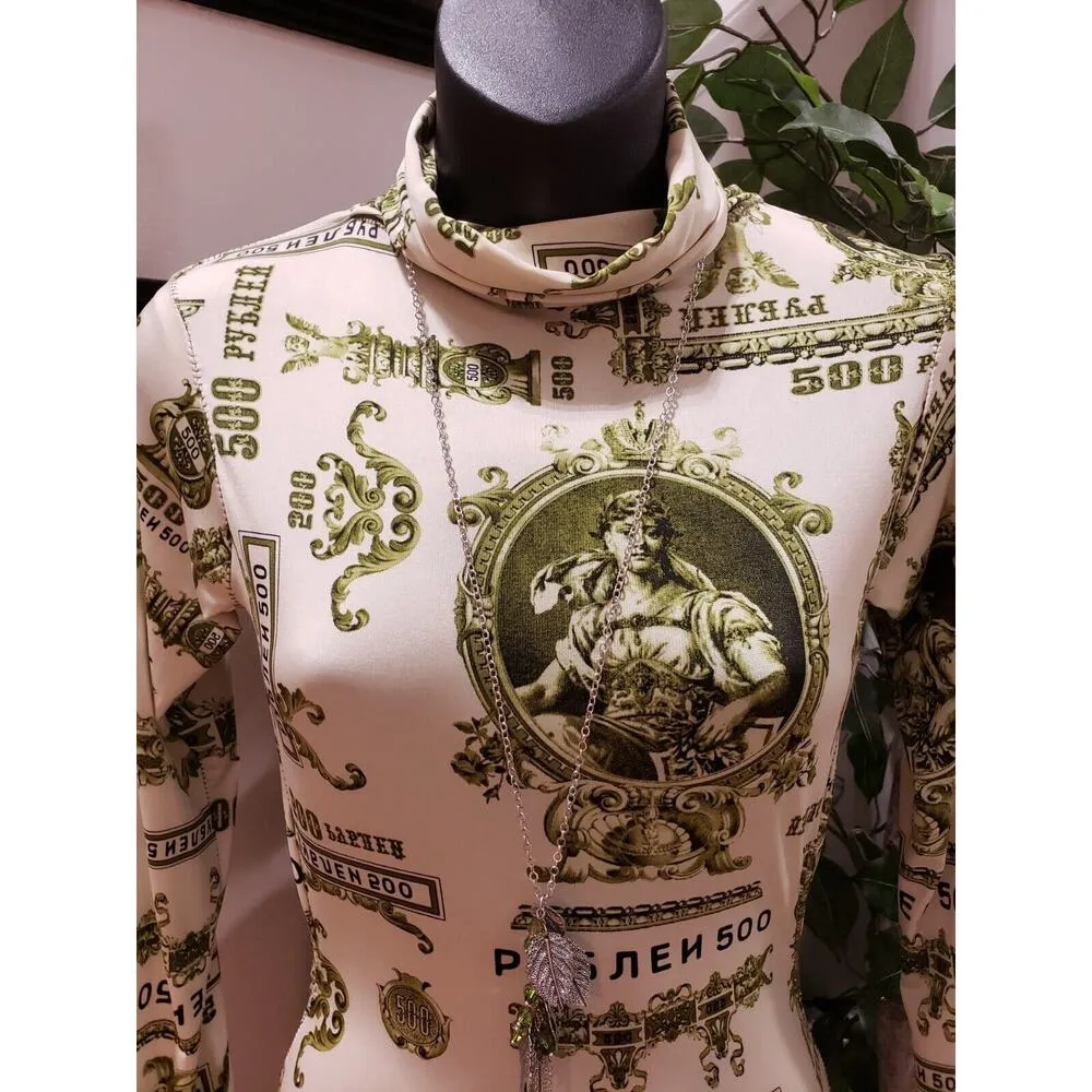 Women's White Green Graphic Print Cut Out Mock Neck Long Sleeve Maxi Dress Small - Image 3