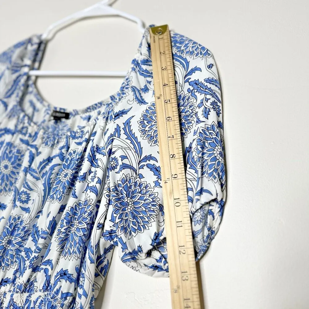 Talbots Blue Floral Peblum Puff Sleeve Blouse Elastic Waist 100% viscose size M - Image 7