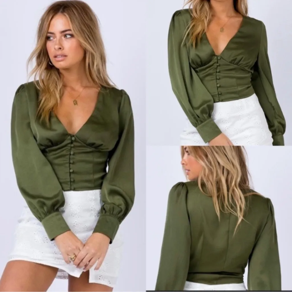 Princess Polly the Tyne Top in Khaki Olive Green Size US 0 Button  V-Neck - Image 11