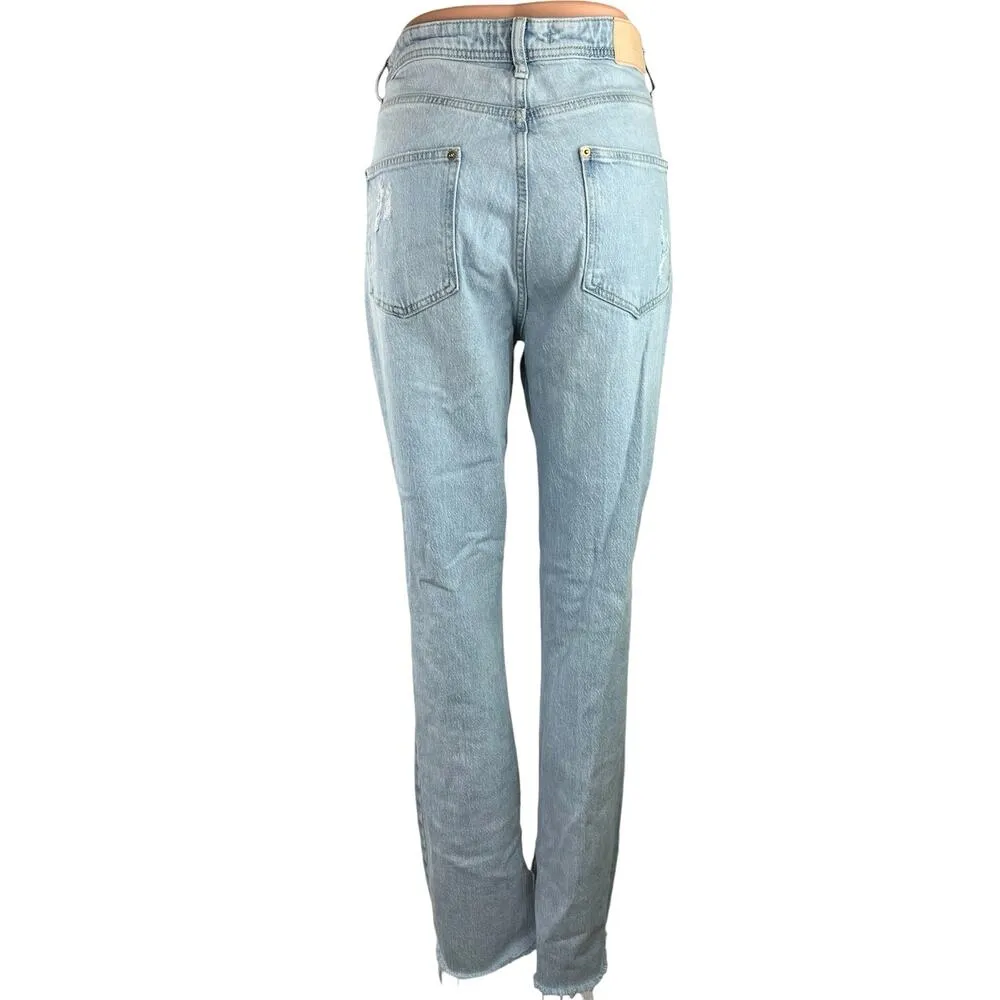 Zara Women's Blue Denim High Rise Distressed Raw Hem Slit Ankle Boot Cut Jeans 8 - Image 3