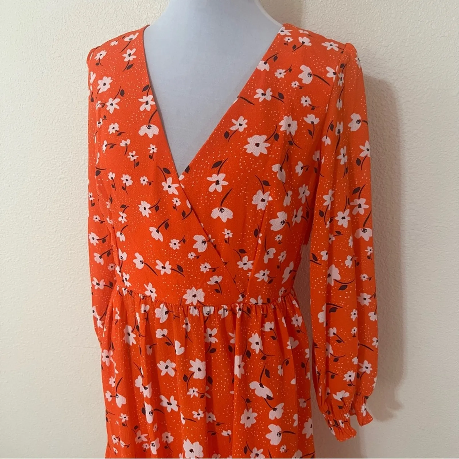 Eliza J orange red floral long sleeve surplice neckline mini dress NEW 8 - Image 3