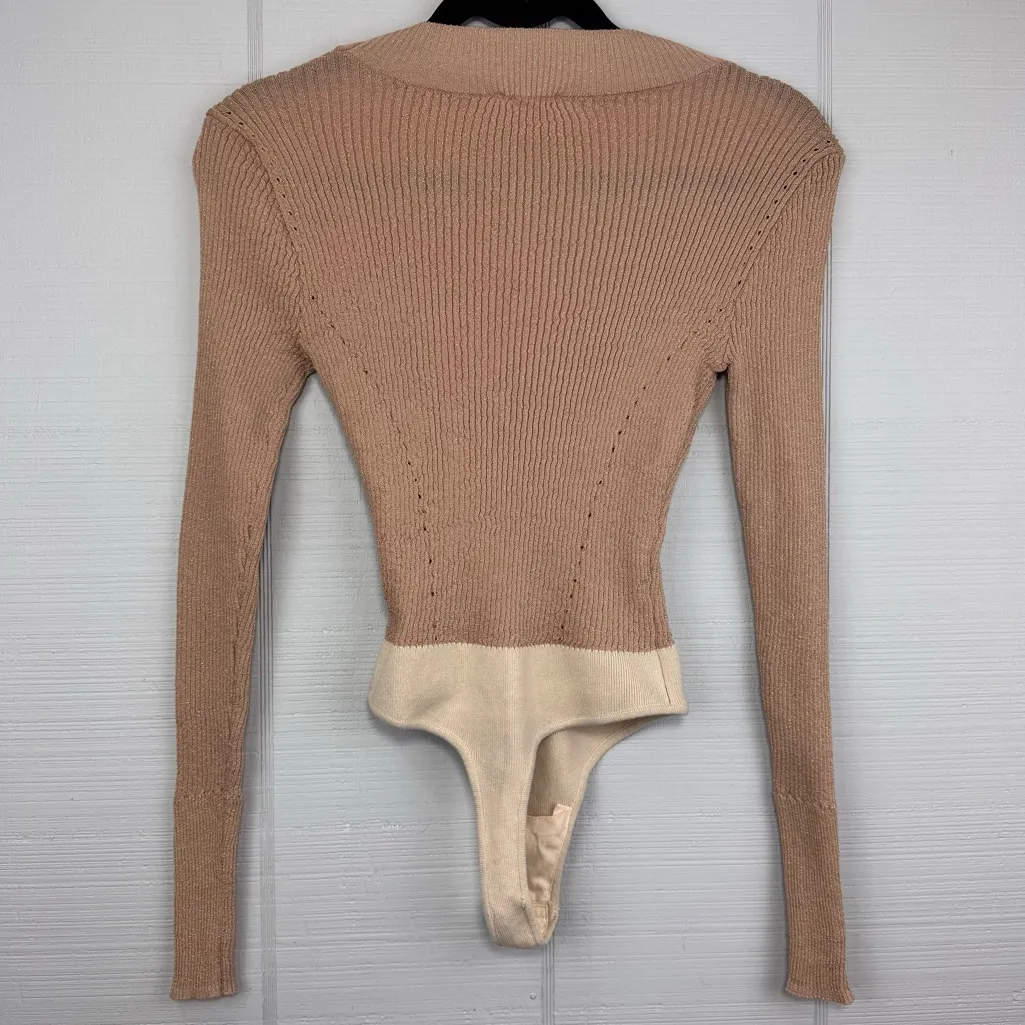 Intimately Free People Long Sleeve Mock Neck Bodysuit Tan Glitter Sparkle Ribbed - Image 4