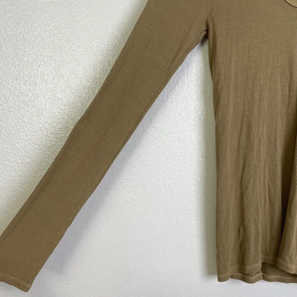 Enya Costa Long Sleeve Top Womens Size XS/Small Tan Ribbed Knit V Neck Fitted Brown - Image 6