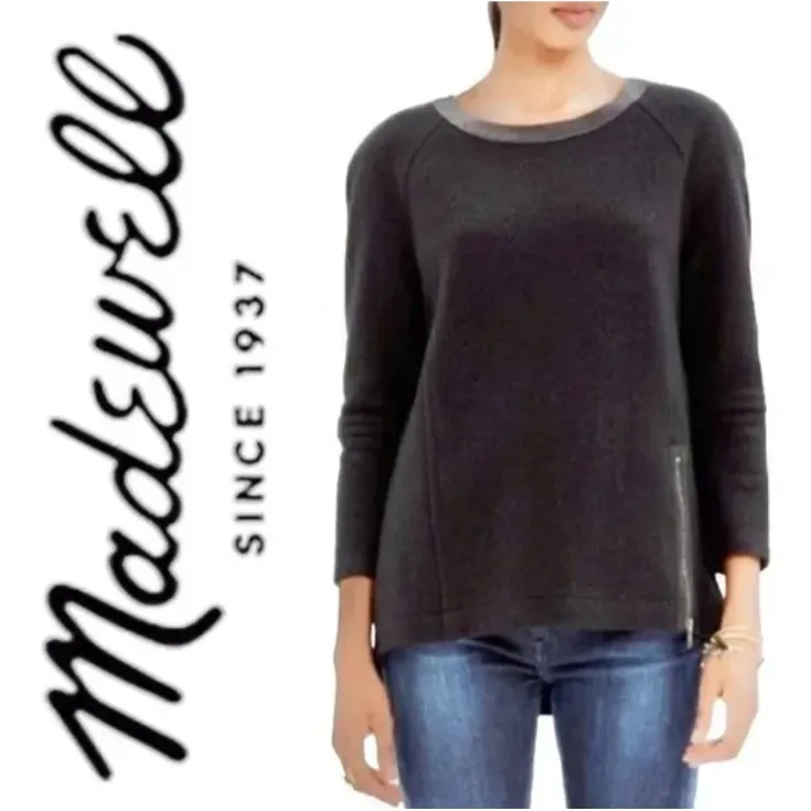 Madewell‎ Sweater Women Sz L Black Wool Leather Trim Zipper Pullover 3/4 Sleeve - Image 2