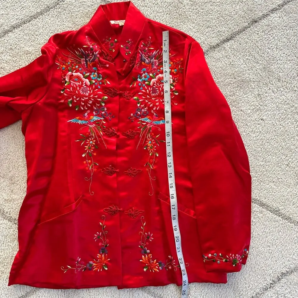 Vintage Red Satin Floral Bird Design Embroidered Chinese New Year Jacker Mandari - Image 9