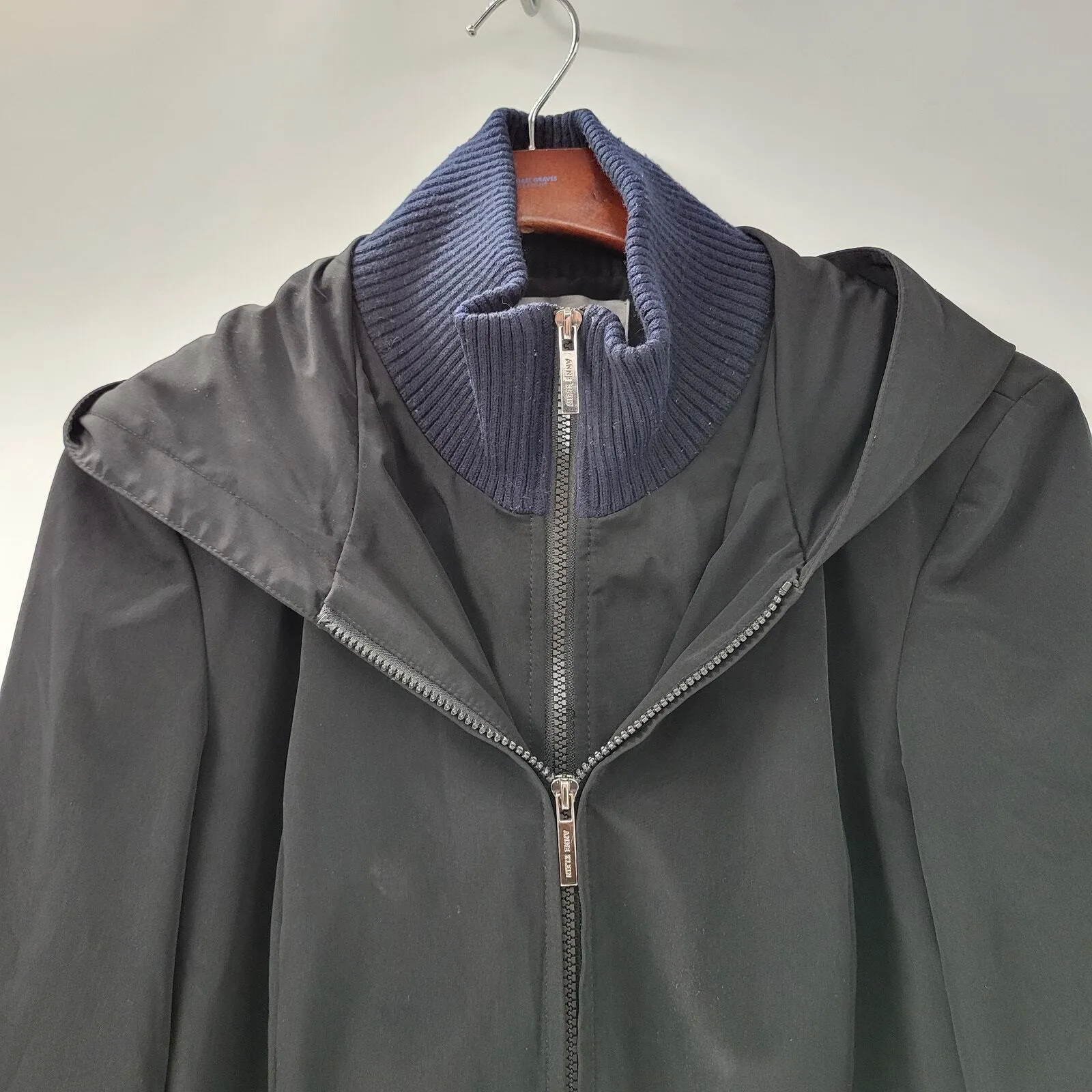 Anne Klein Womens Coat L Black Layered Midi Overcoat Cape Hood Winter Jacket - Image 4