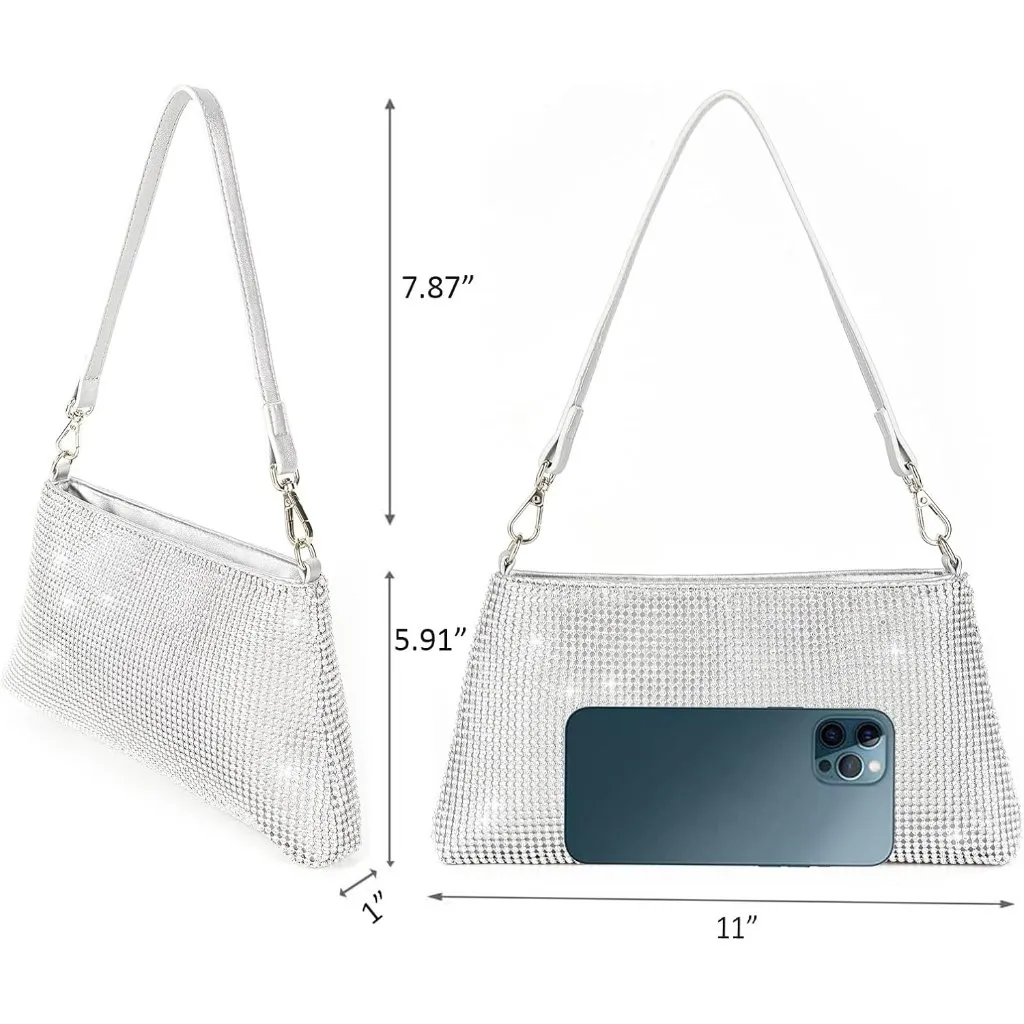 ⚡ Women's Beautiful Rhinestone Sparkly Handle Chain Evening Clutch Bag Silver - Image 4