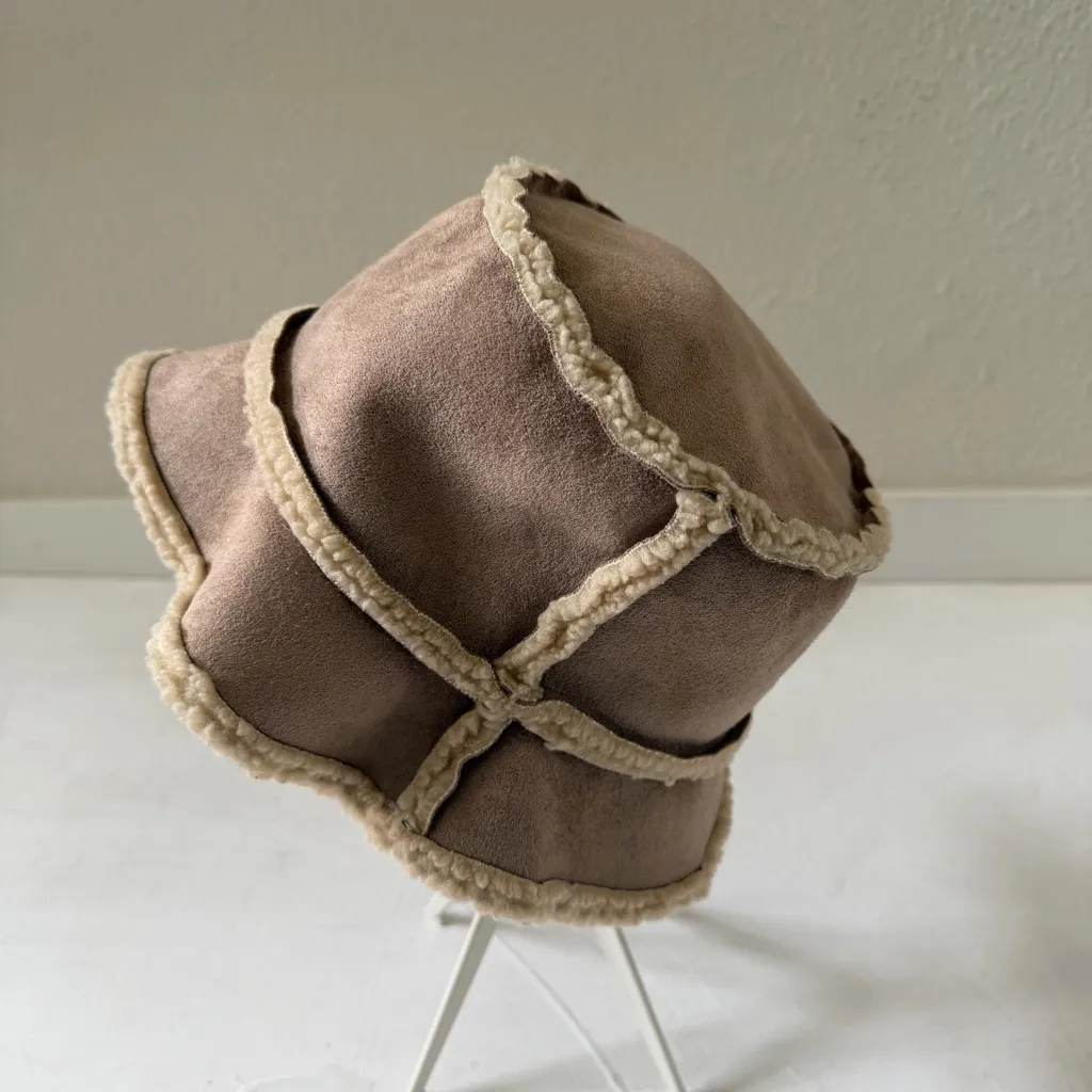 Shearling Fur Sherpa Bucket Hat Camel Khaki Unisex Winter Cap Almond Ivory Tan - Image 4
