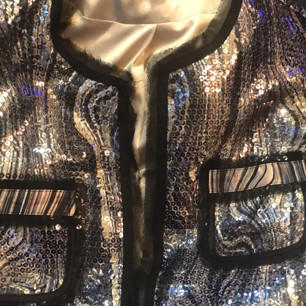 Vintage Y2K  Blazer Jacket Sequin Animal Print Silver Tweed Black Trim sz M - Image 7