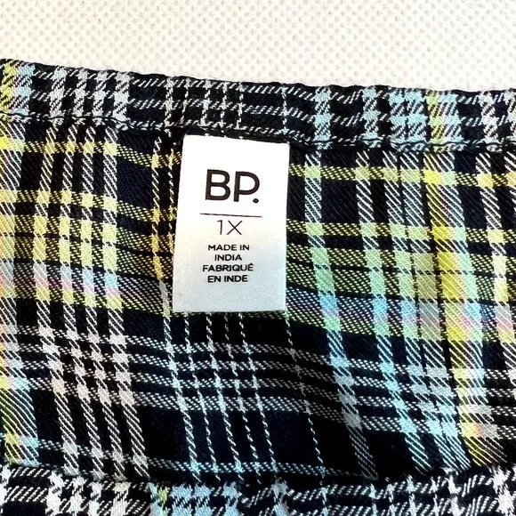 BP Womens Smock Crop‎ Top Green Size 1X Plaid Square Neck Puff Sleeve - Image 2