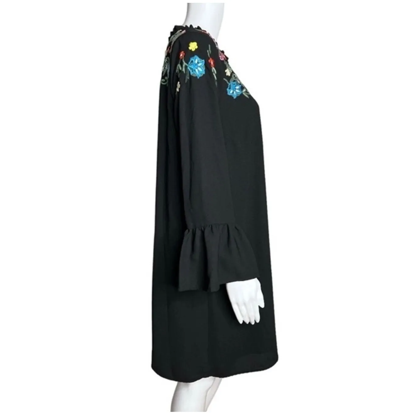 Allison New York Dress M Black Embroidered Floral Boho Bell‎ Sleeve Ruffle Neck Size M - Image 2
