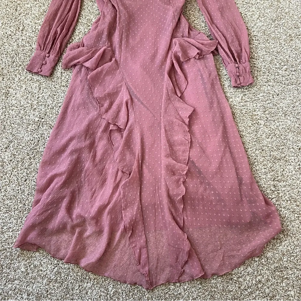 Design Long Sleeve Lace Trim Ruffle Midi Dress Deep Rose Size 6 - Image 16