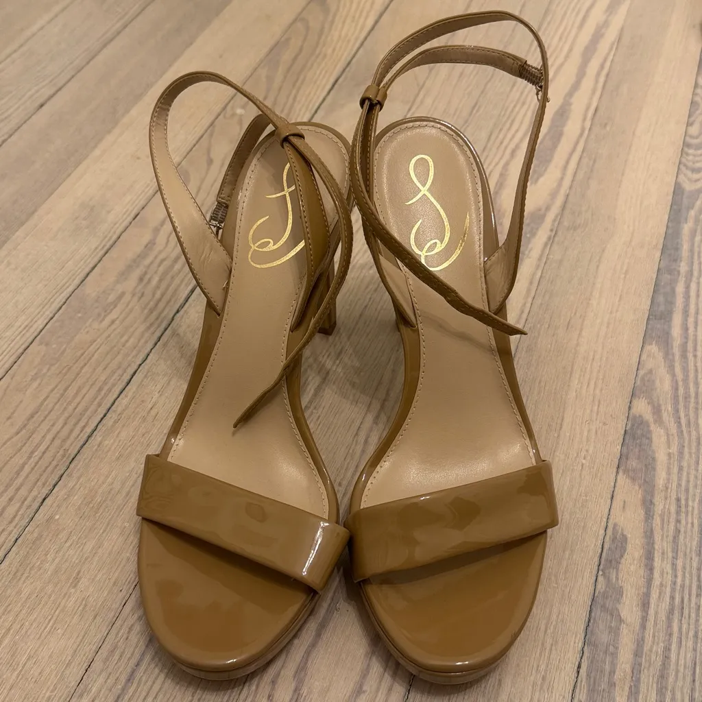 JESSICA SIMPSON Women’s Tan Faux Patent Leather Strappy High Heel Sandals Size 9 - Image 2