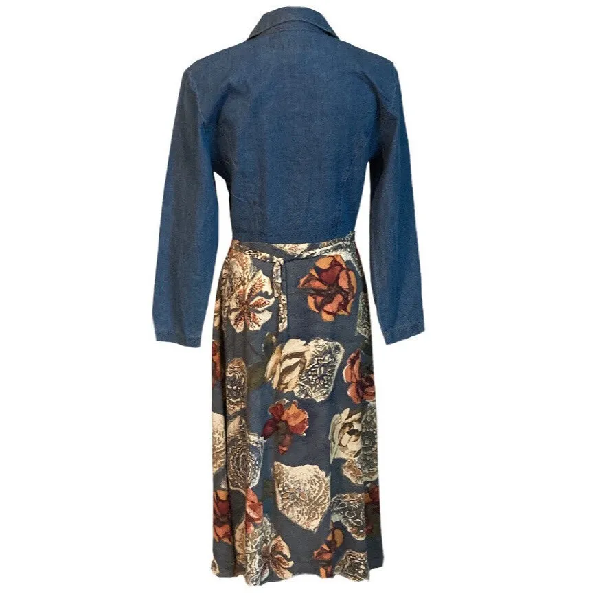 Vintage Women’s Boy Blue Denim Floral Maxi Dress Sz S Button Down Long Sleeve - Image 2