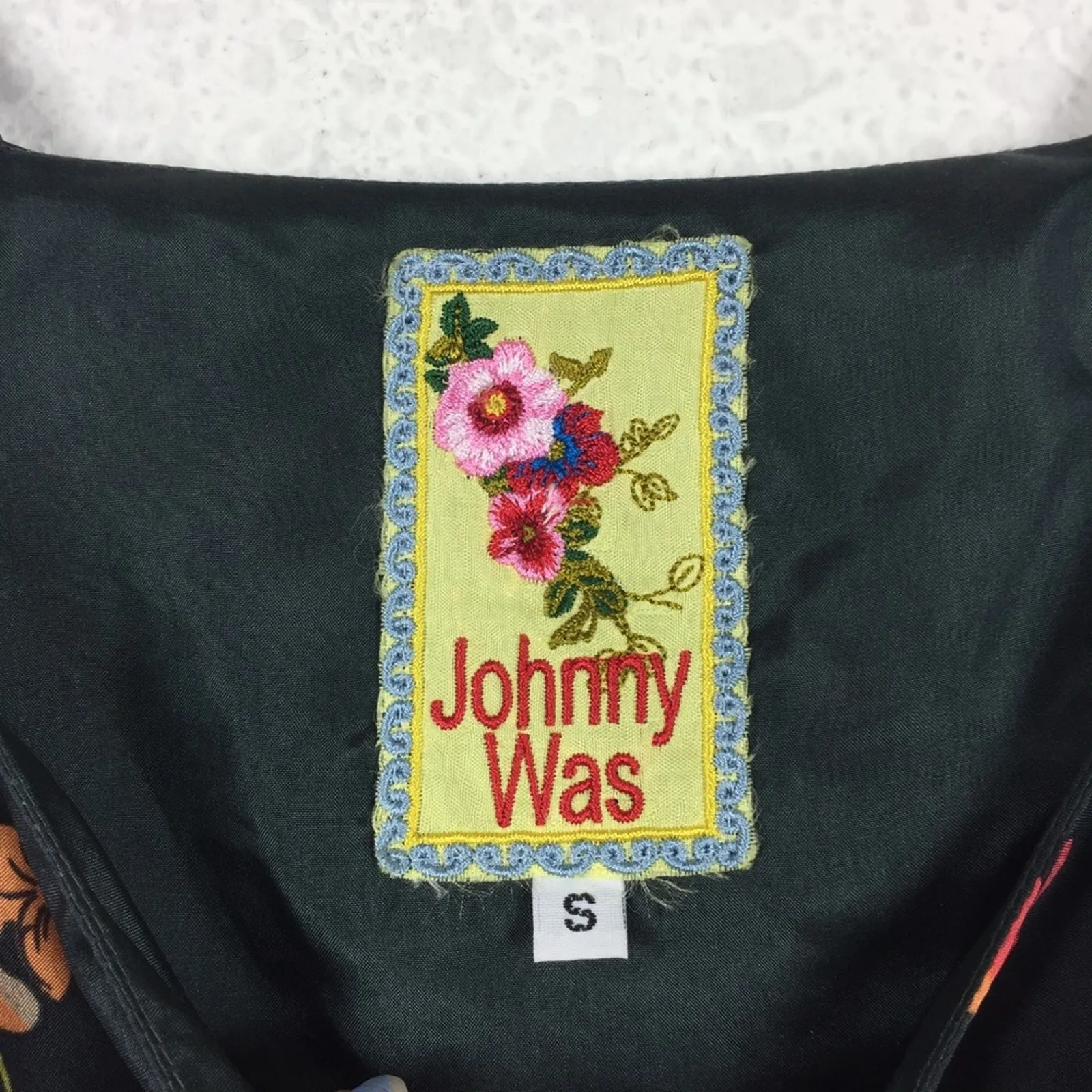 Johnny Was Maxi Dress Small Black Floral 100% Silk Button Ruffle Hem Slip Boho - Image 5