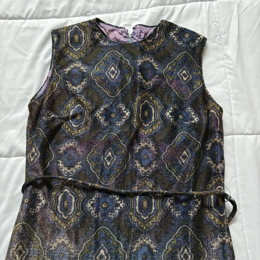 Vintage 70s 80s Metallic Jacquard Dress Blue Gold High Neck Belted Waist Formal Size undefined - Image 3