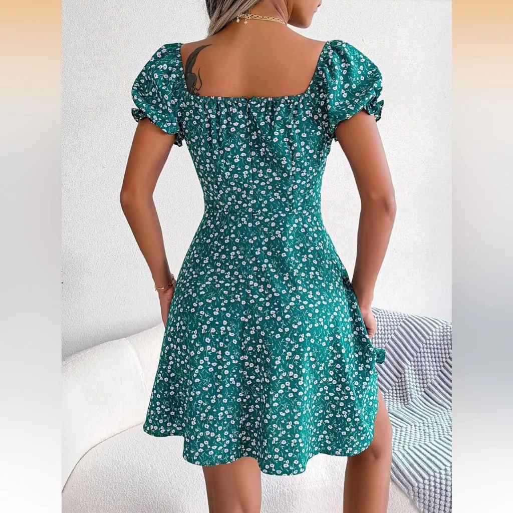 Off Shoulder Mini Dress Green Ditsy Floral Sweetheart Neck Size M - Image 3
