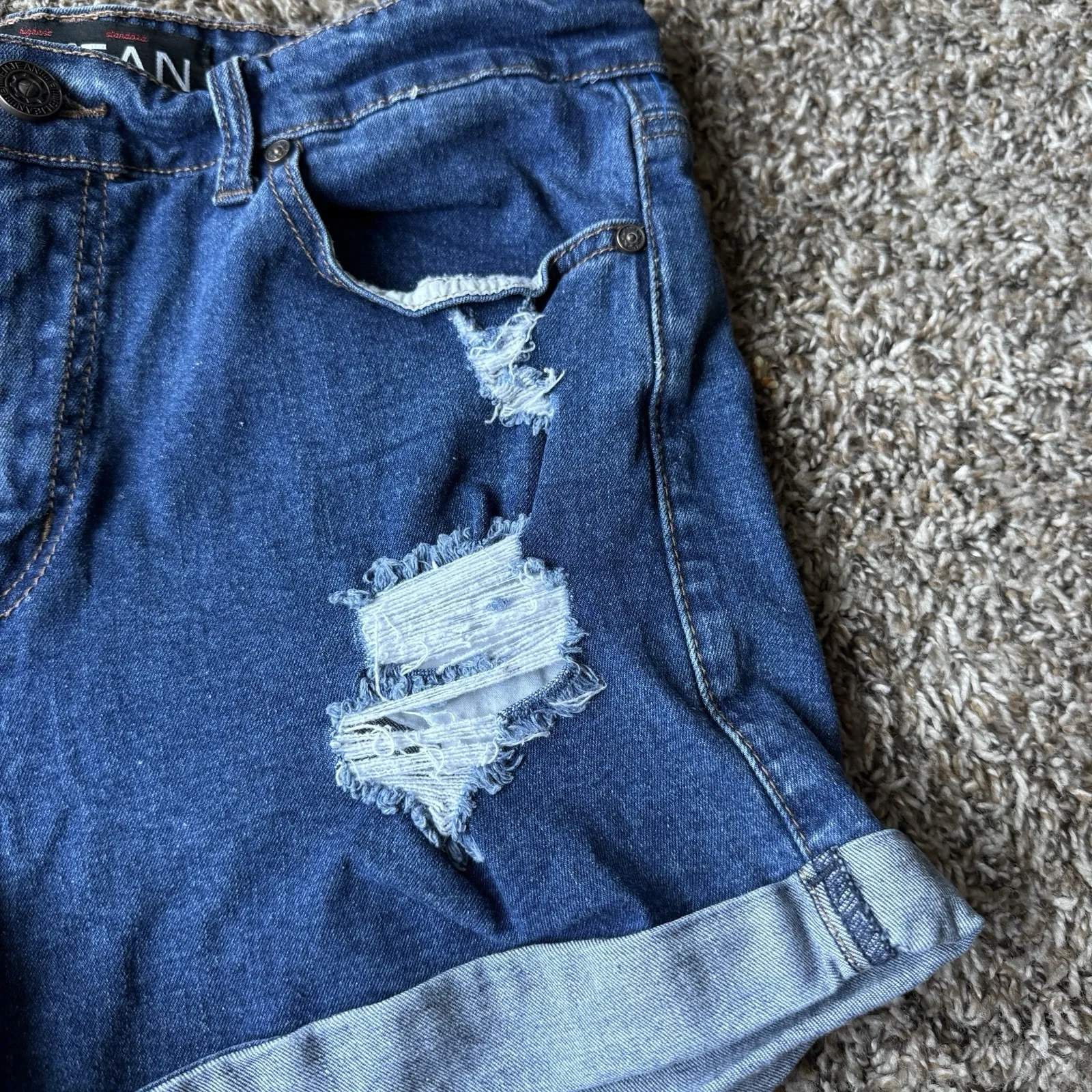 Enjean Denim Shorts Women Large Distressed High Waisted Summer Rolled Hem Grunge Blue - Image 2