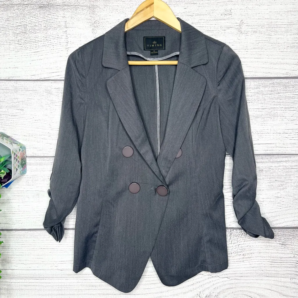 Timing  Gray Ruched Sleeve Double Breasted Blazer Suit Jacket Size Medium - Image 9