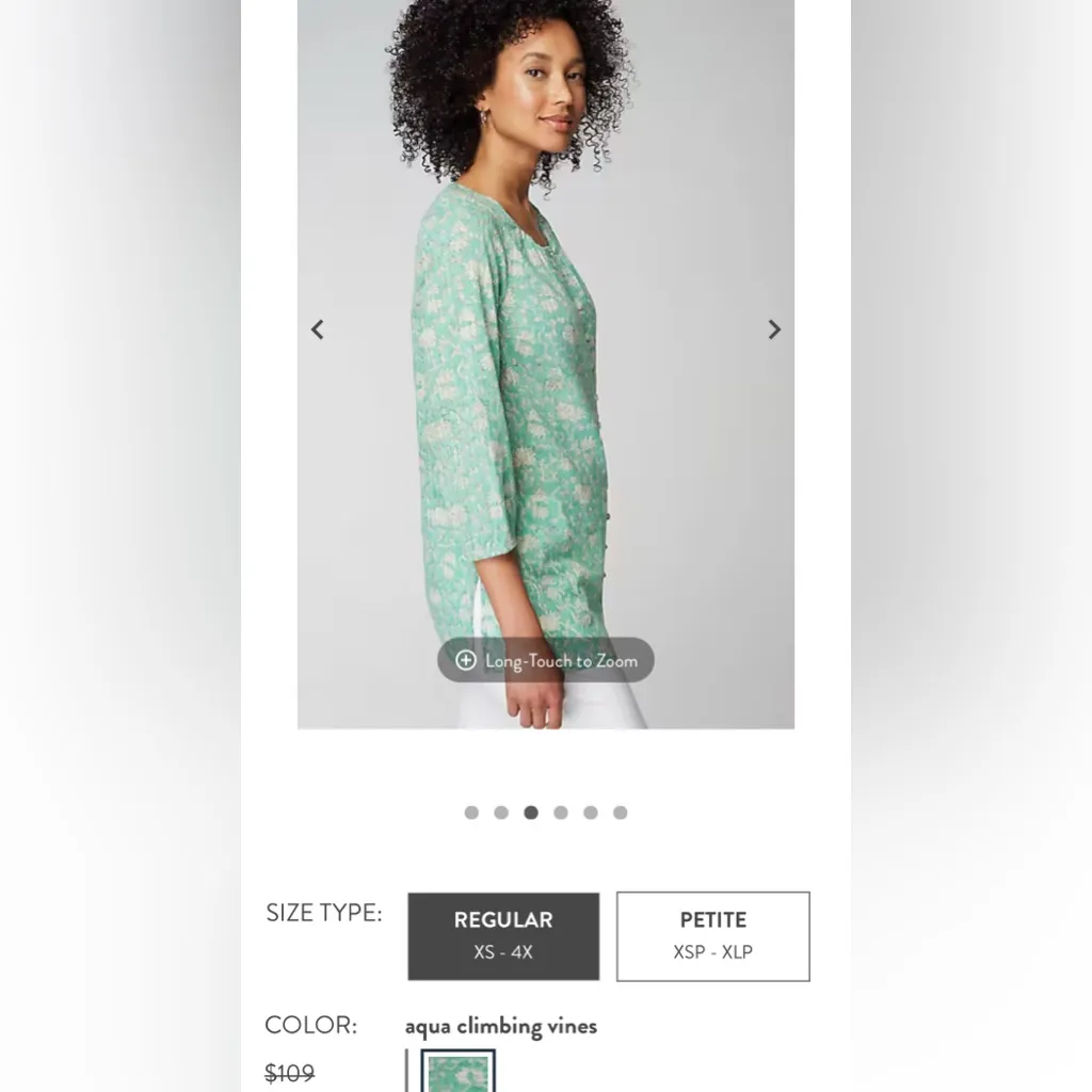 Pure J Jill Climbing Vines Cotton Aqua White Tunic Button Top Shirt M $109 Green Size M - Image 3