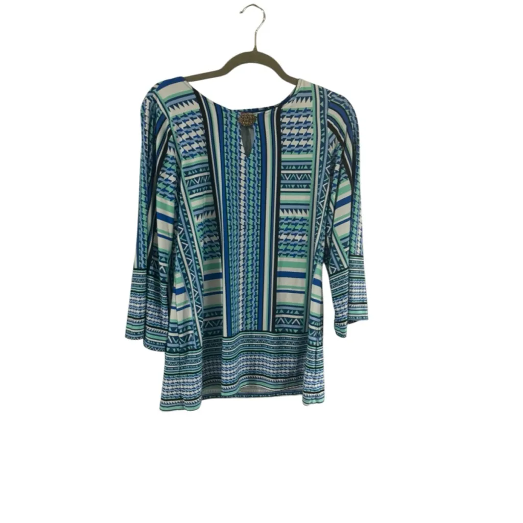 Women's Sunny Leigh Tunic Top S Blue Green Geometric 3/4 Sleeve - Image 7