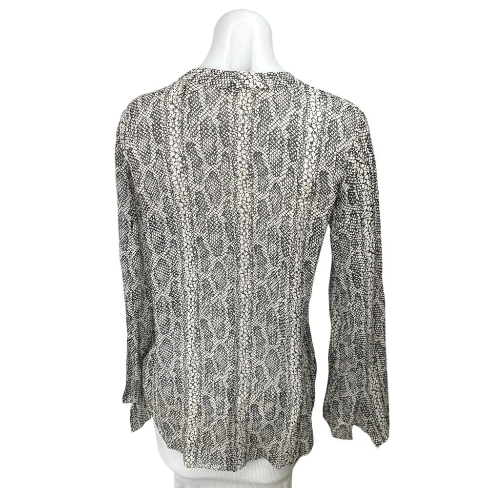Theory Black White 100% Silk Snake Skin Print Tie Neck Long Sleeve Blouse Top S - Image 2