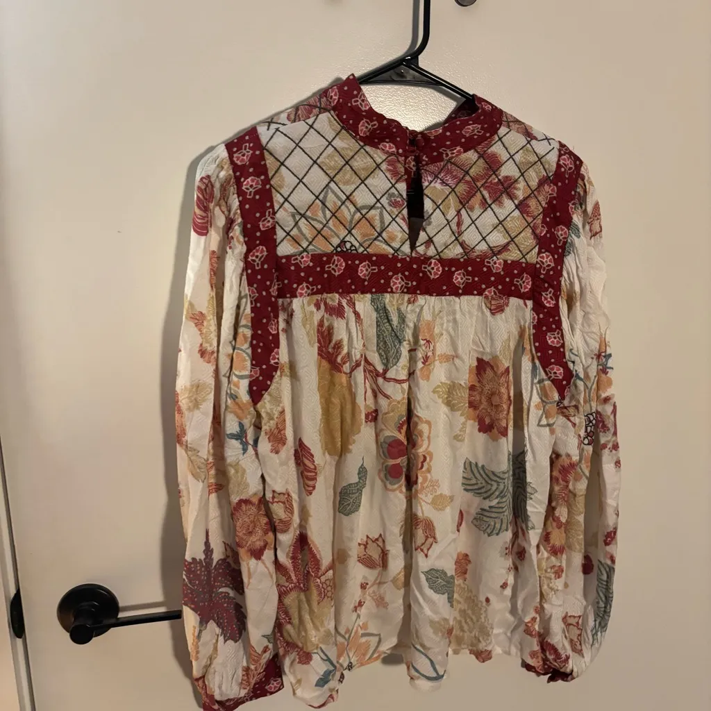 Anthropologie Quilted Floral Blouse Boho Western Peasant Top – Size L - Image 7